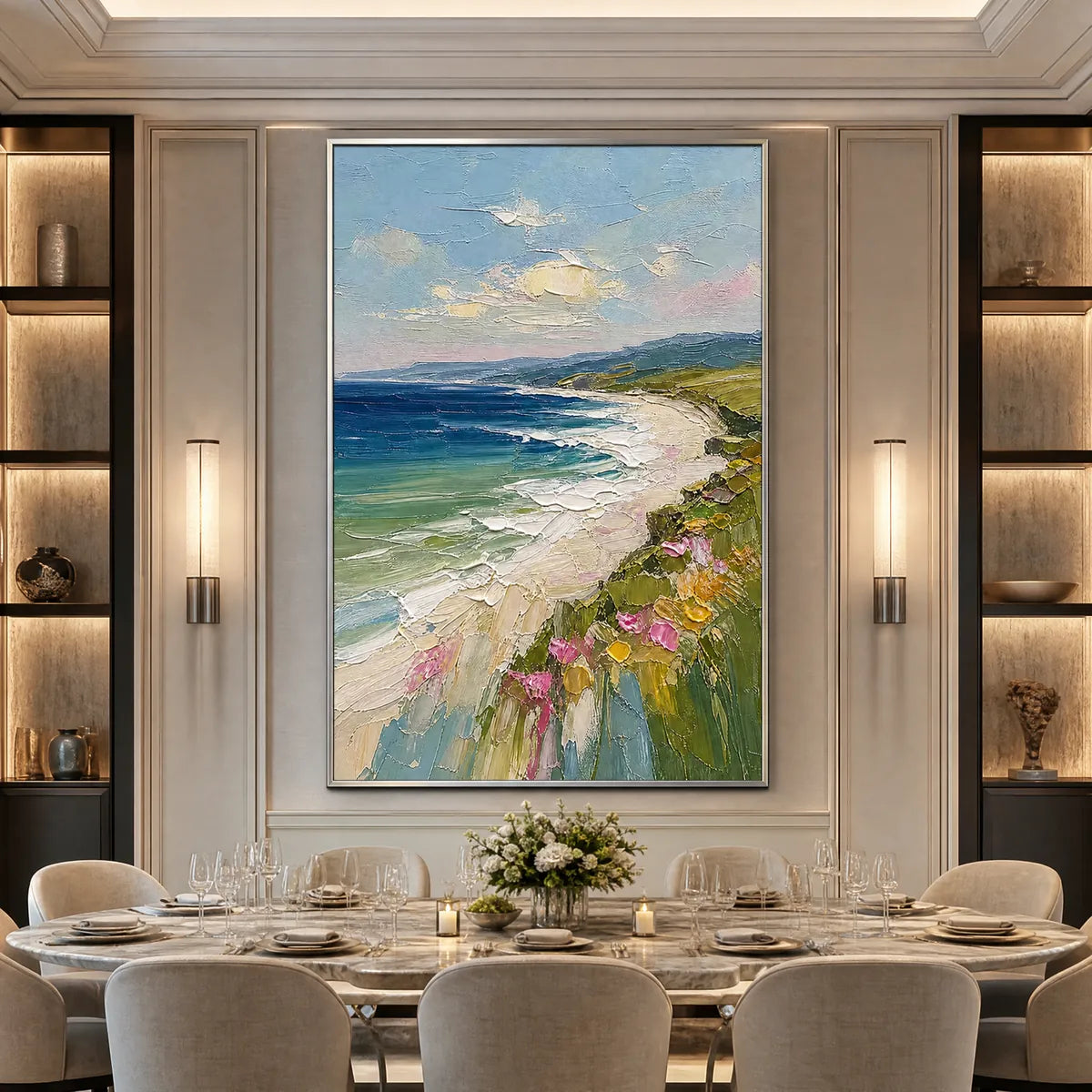 Coastal Bloom hand-painted ocean blue, ivory and soft neutral tones textured seascape painting shown with black frame