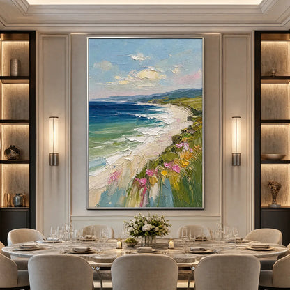 Coastal Bloom hand-painted ocean blue, ivory and soft neutral tones textured seascape painting shown with black frame