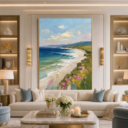 Coastal Bloom hand-painted ocean blue, ivory and soft neutral tones textured seascape painting shown with wood frame