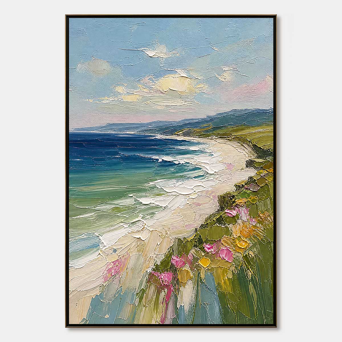 Coastal Bloom hand-painted ocean blue, ivory and soft neutral tones textured seascape painting rolled canvas option
