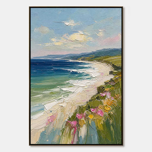 Coastal Bloom hand-painted ocean blue, ivory and soft neutral tones textured seascape painting rolled canvas option