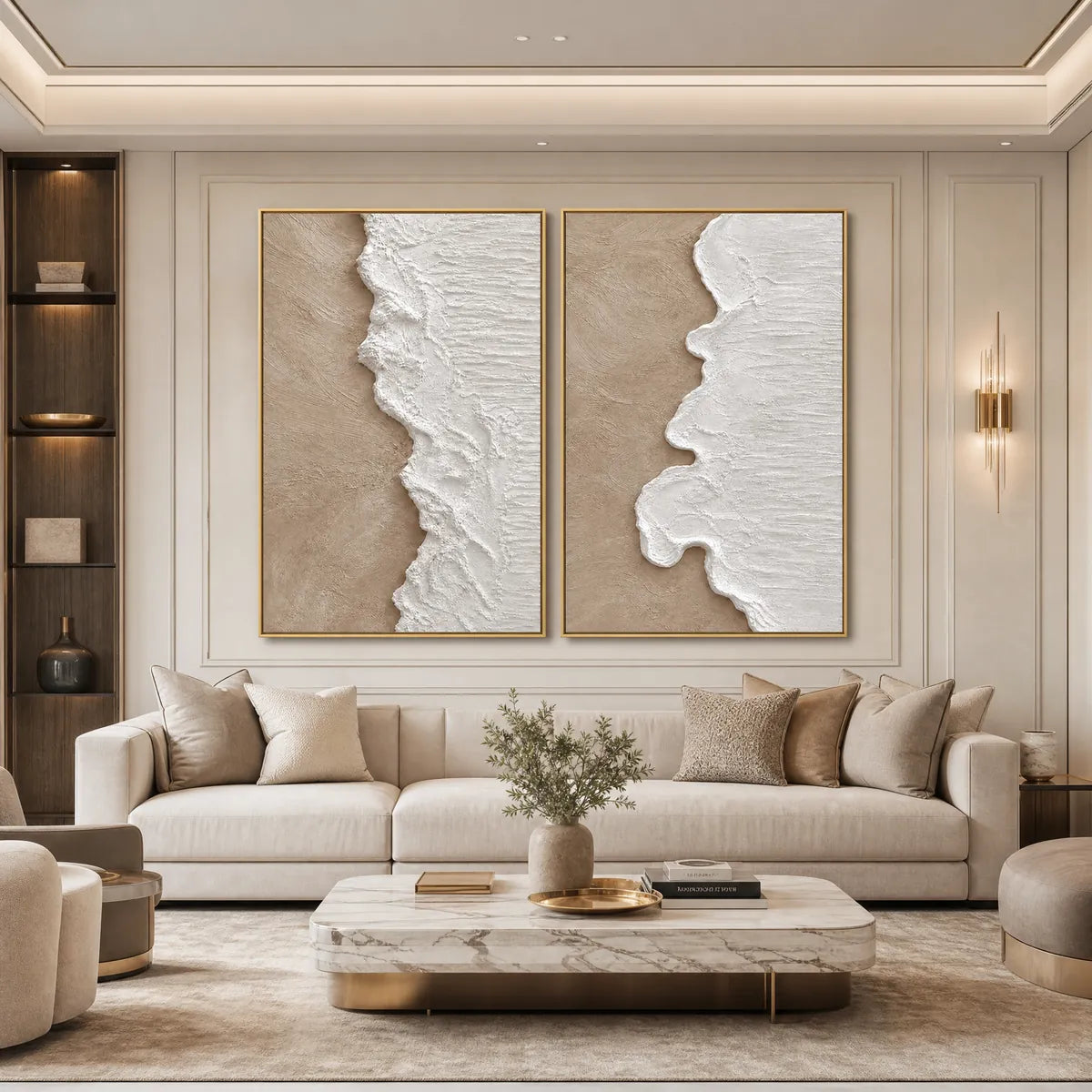 Coastal Calm hand-painted sand and ivory textured coastal abstract painting shown with white frame