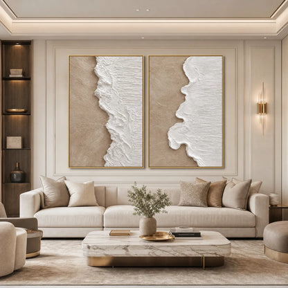 Coastal Calm hand-painted sand and ivory textured coastal abstract painting shown with white frame