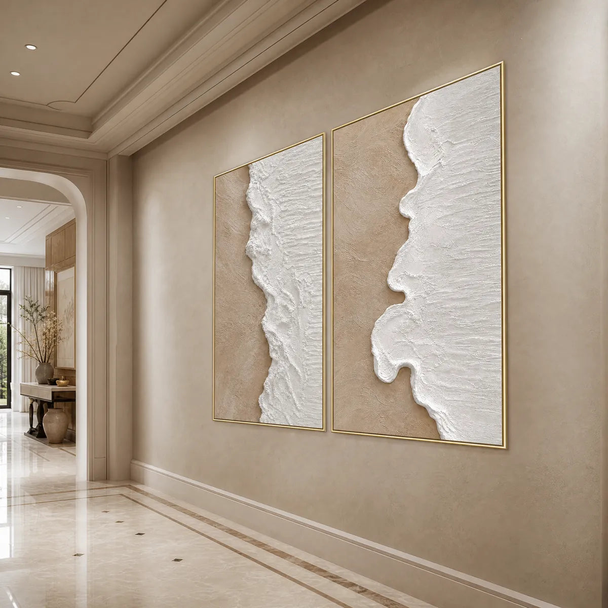 Coastal Calm hand-painted sand and ivory textured coastal abstract painting shown with black frame