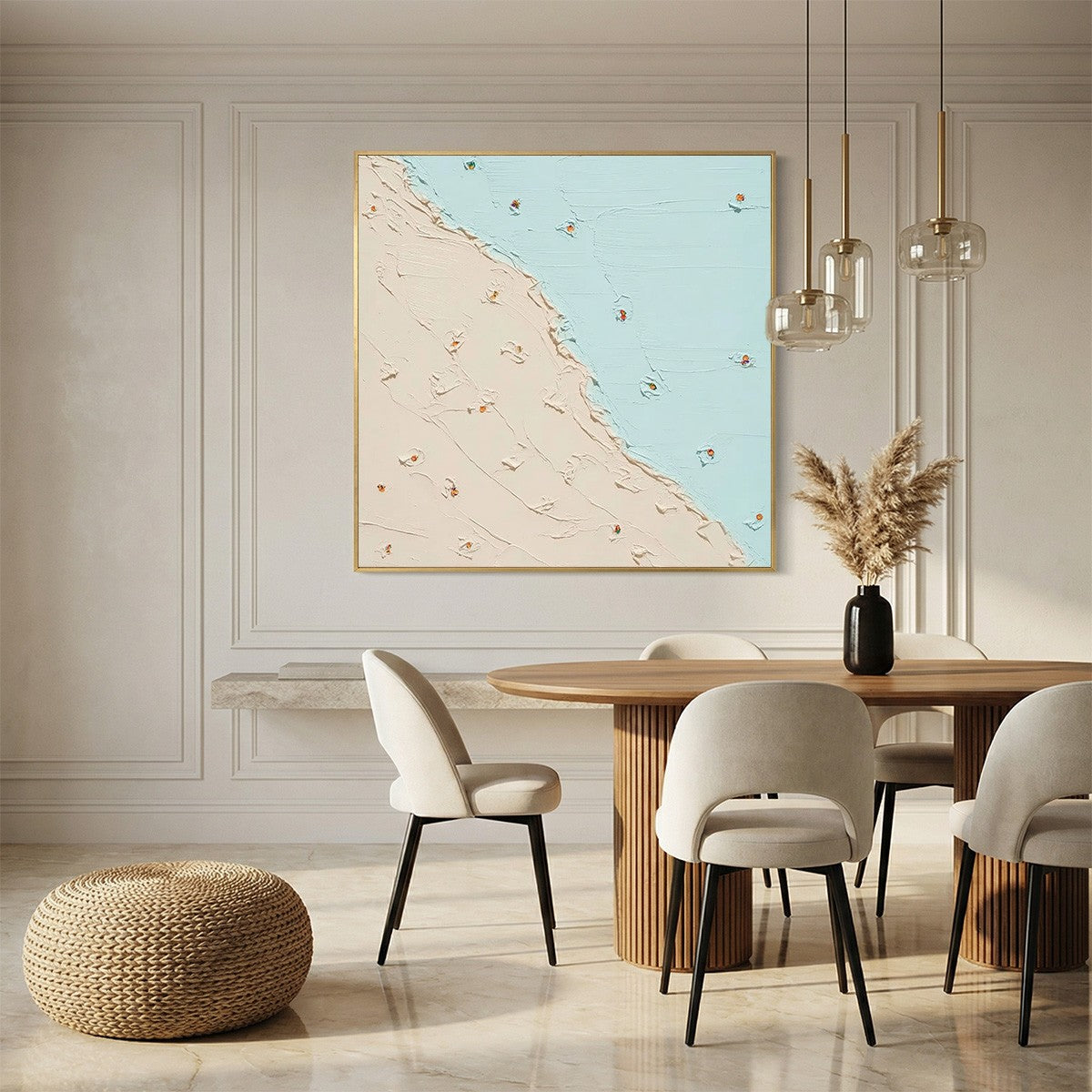 Coastal Daydream hand-painted sand and ivory textured coastal abstract painting shown as stretched canvas