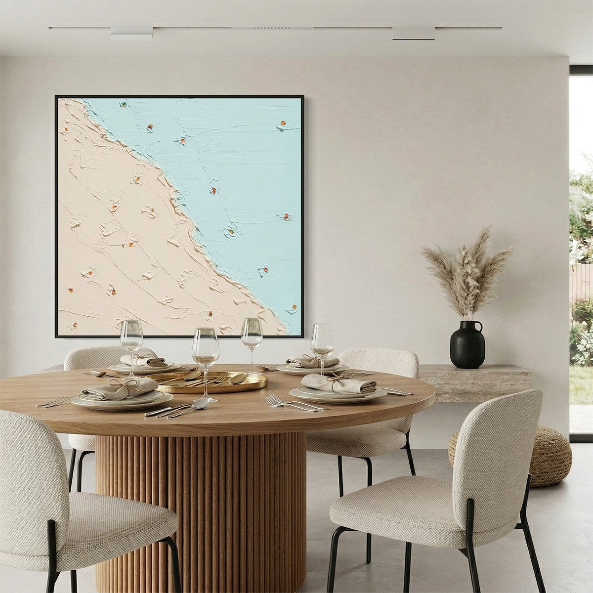 Coastal Daydream hand-painted sand and ivory textured coastal abstract painting shown with silver frame