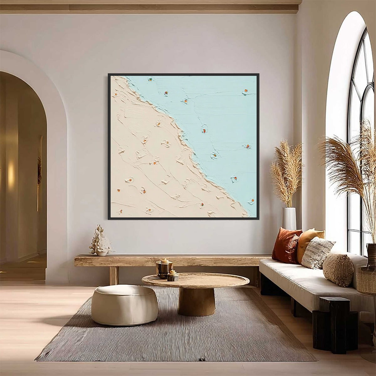 Coastal Daydream hand-painted sand and ivory textured coastal abstract painting shown with black frame