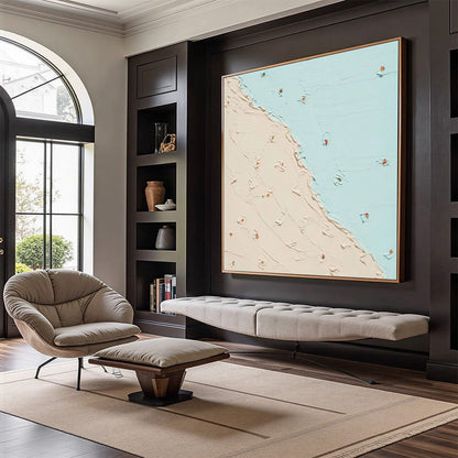 Coastal Daydream hand-painted sand and ivory textured coastal abstract painting shown with wood frame