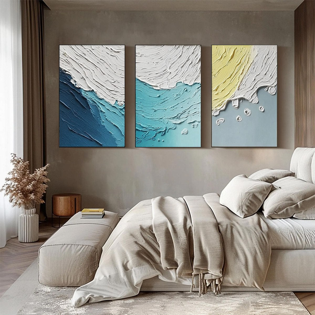 Coastal Drift hand-painted ocean blue and ivory textured ocean wave painting shown as stretched canvas