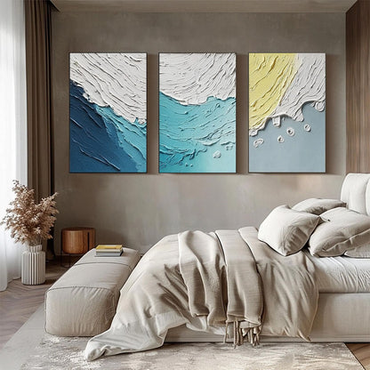 Coastal Drift hand-painted ocean blue and ivory textured ocean wave painting shown as stretched canvas