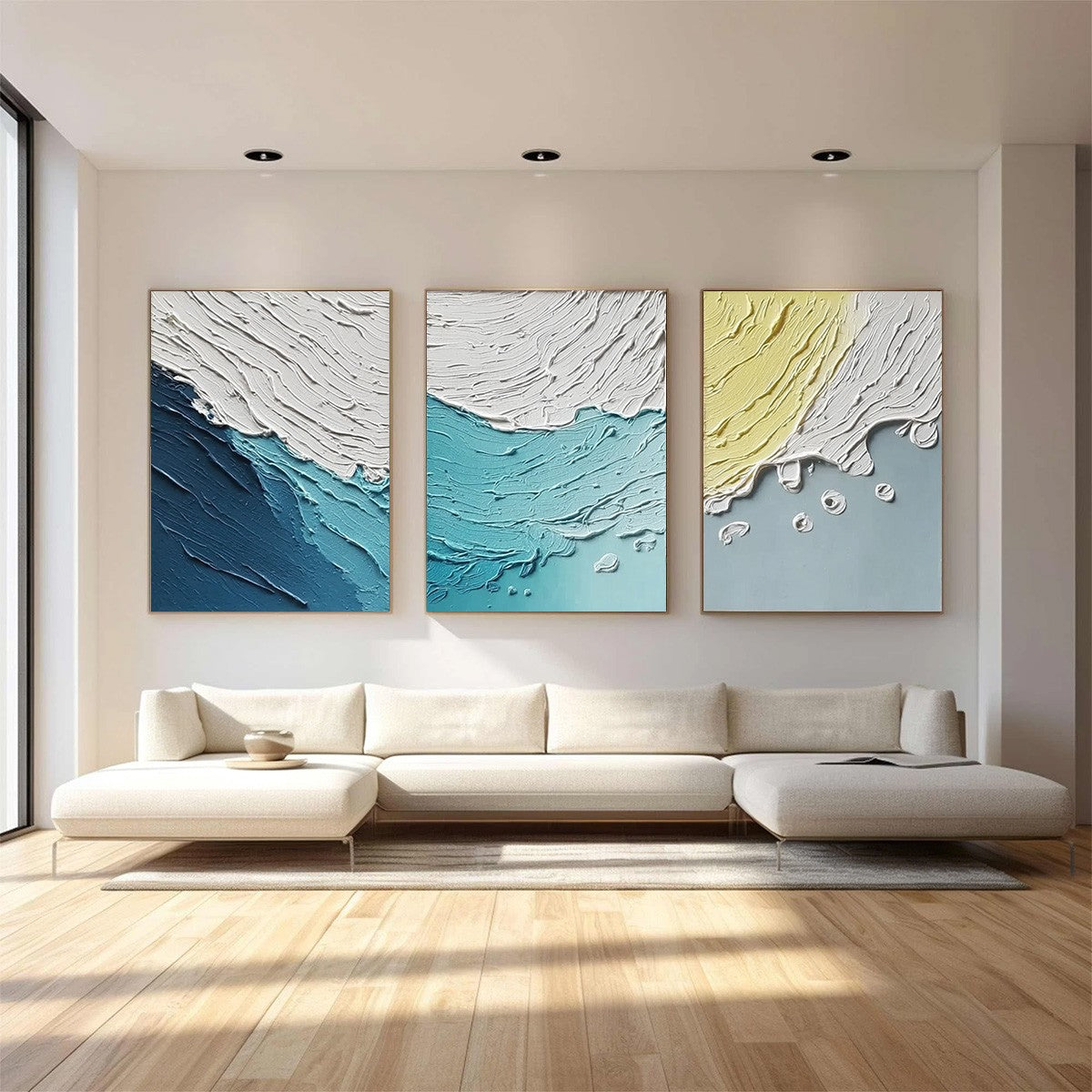 Coastal Drift hand-painted ocean blue and ivory textured ocean wave painting shown with silver frame