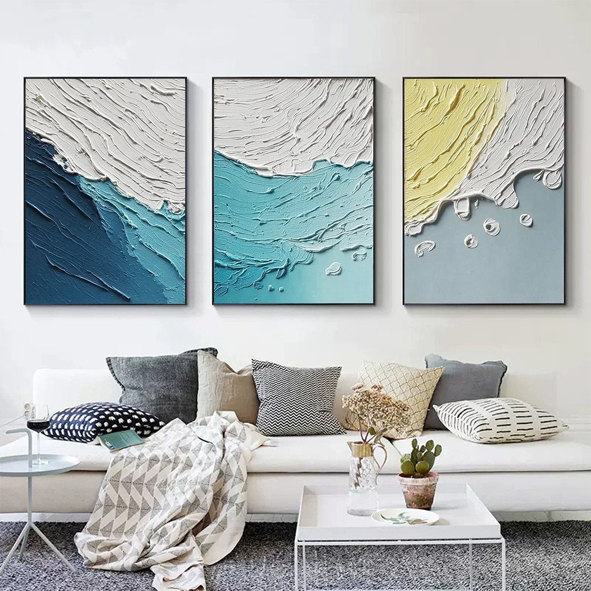 Coastal Drift hand-painted ocean blue and ivory textured ocean wave painting shown with black frame