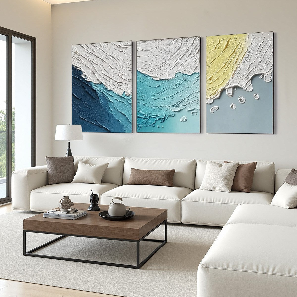 Coastal Drift hand-painted ocean blue and ivory textured ocean wave painting shown with wood frame
