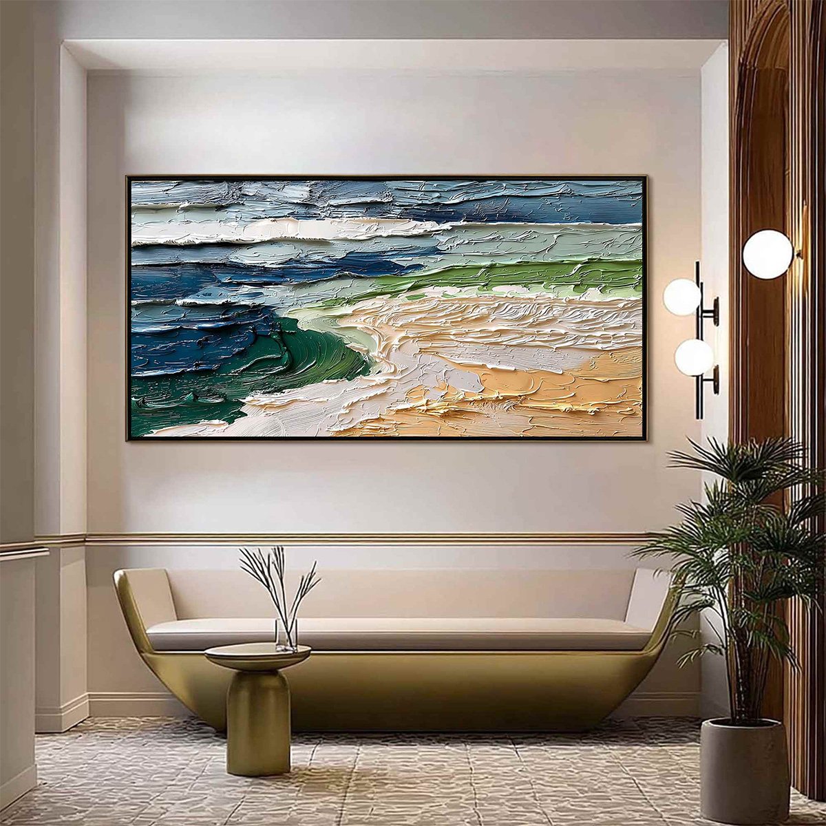 Coastal Drift hand-painted ocean blue, ivory and soft neutral tones textured coastal landscape painting shown as stretched canvas