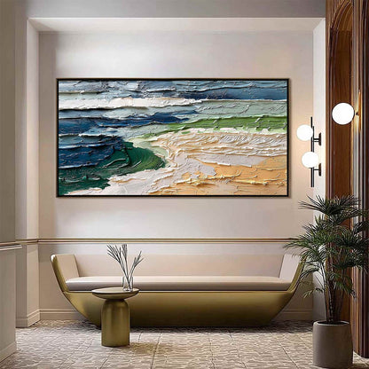 Coastal Drift hand-painted ocean blue, ivory and soft neutral tones textured coastal landscape painting shown as stretched canvas