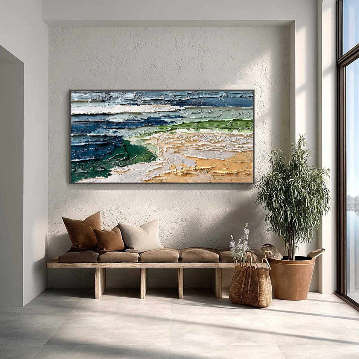Coastal Drift hand-painted ocean blue, ivory and soft neutral tones textured coastal landscape painting shown with silver frame