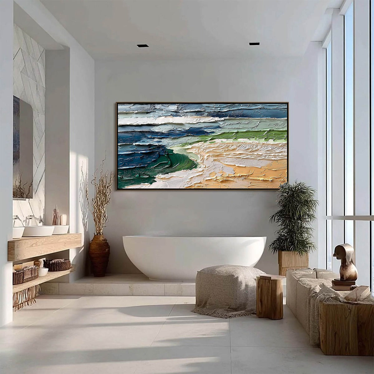 Coastal Drift hand-painted ocean blue, ivory and soft neutral tones textured coastal landscape painting shown with black frame