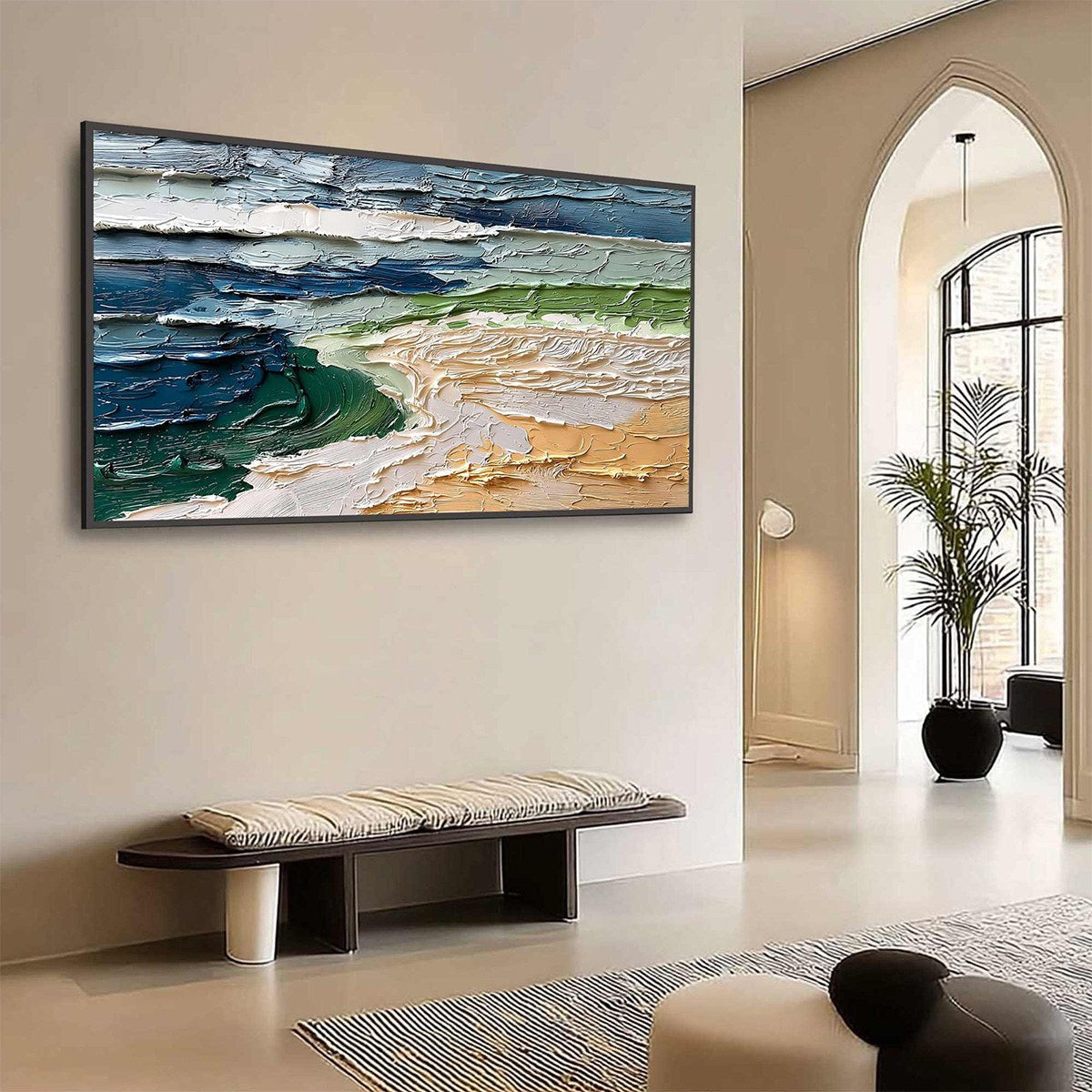 Coastal Drift hand-painted ocean blue, ivory and soft neutral tones textured coastal landscape painting shown with wood frame