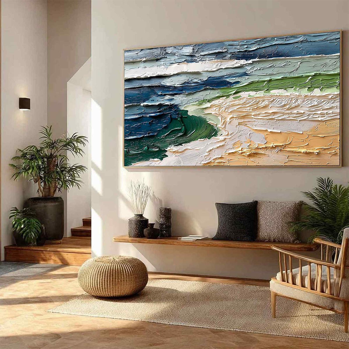 Coastal Drift hand-painted ocean blue, ivory and soft neutral tones textured coastal landscape painting rolled canvas option