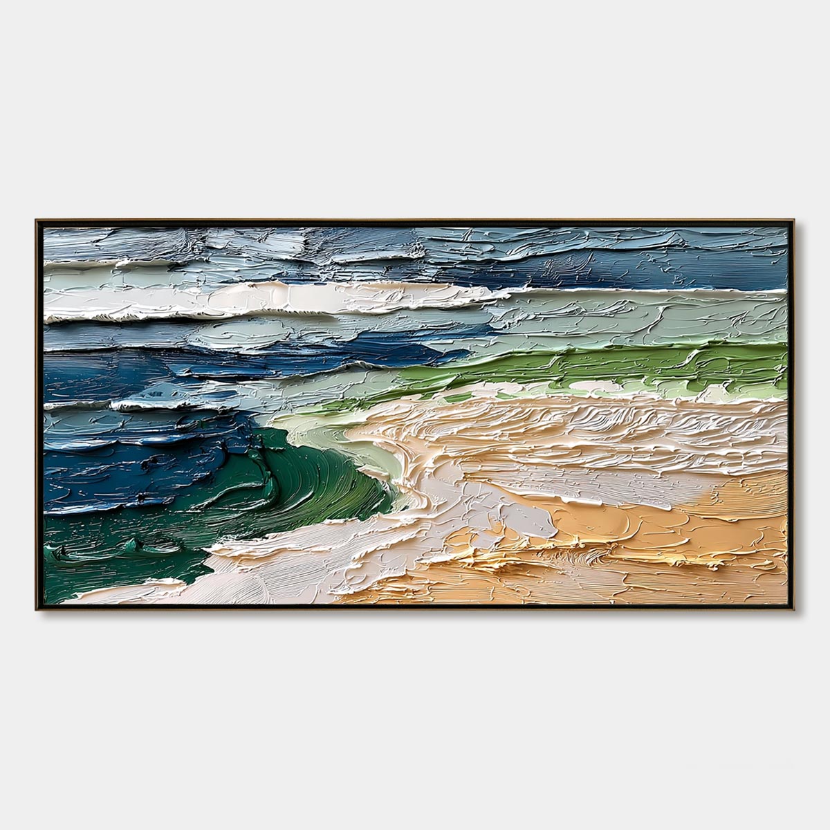 Coastal Drift hand-painted ocean blue, ivory and soft neutral tones textured coastal landscape painting rolled canvas option