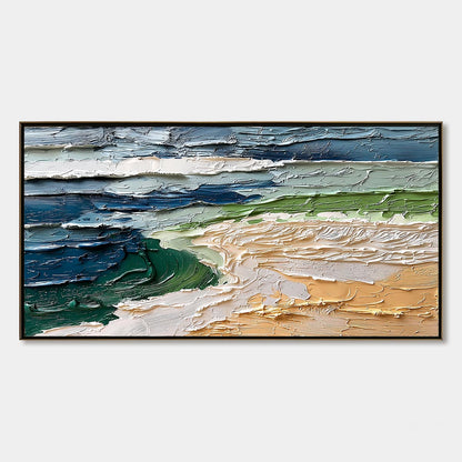 Coastal Drift hand-painted ocean blue, ivory and soft neutral tones textured coastal landscape painting rolled canvas option