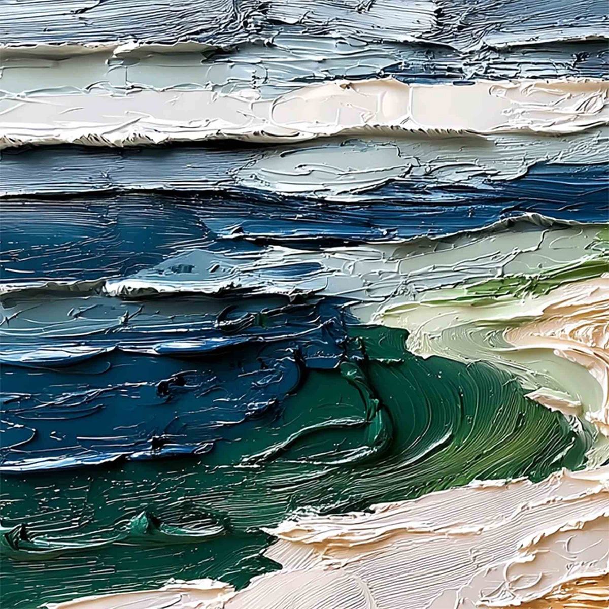 Coastal Drift hand-painted ocean blue, ivory and soft neutral tones textured coastal landscape painting shown with gold frame