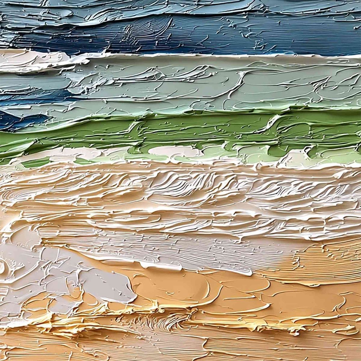 Coastal Drift hand-painted ocean blue, ivory and soft neutral tones textured coastal landscape painting shown with white frame