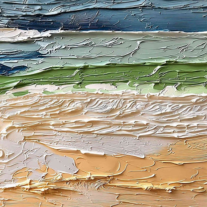Coastal Drift hand-painted ocean blue, ivory and soft neutral tones textured coastal landscape painting shown with white frame