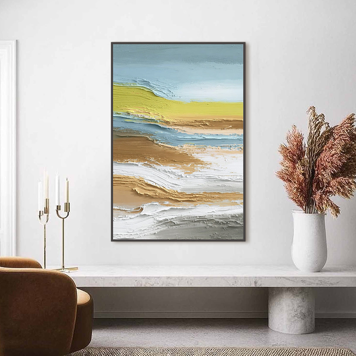 Coastal Drift hand-painted sand, gold and yellow textured coastal landscape painting shown as stretched canvas