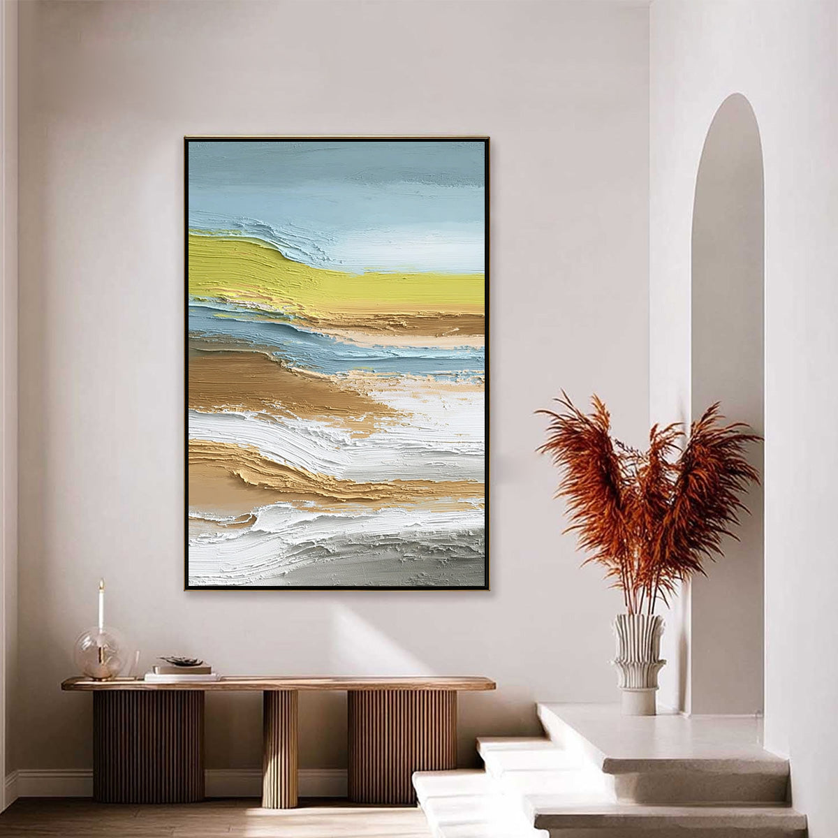 Coastal Drift hand-painted sand, gold and yellow textured coastal landscape painting shown with silver frame