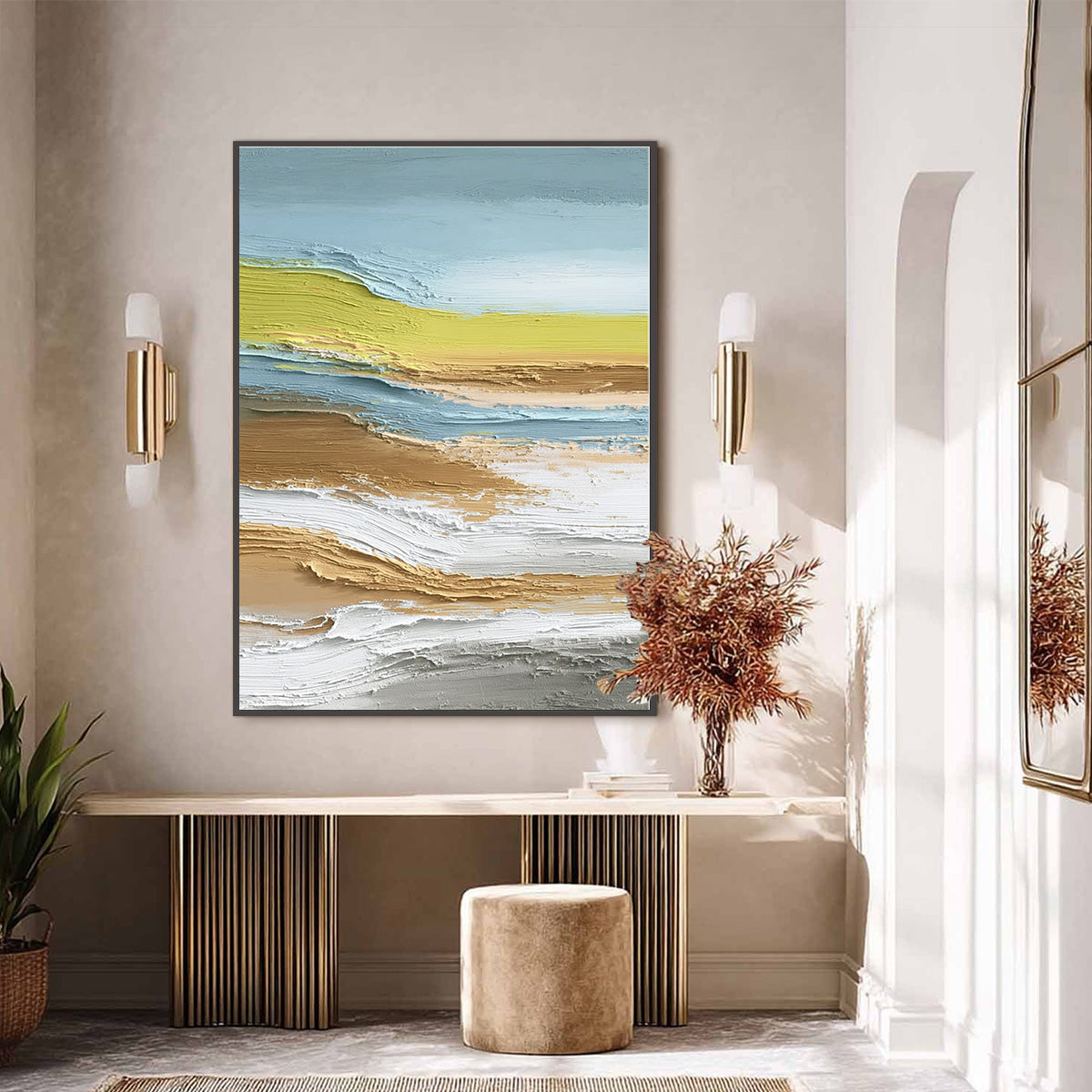 Coastal Drift hand-painted sand, gold and yellow textured coastal landscape painting shown with black frame