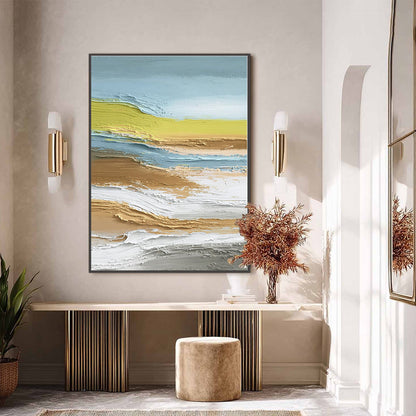 Coastal Drift hand-painted sand, gold and yellow textured coastal landscape painting shown with black frame
