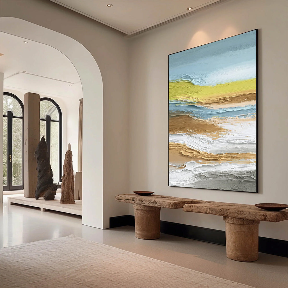 Coastal Drift hand-painted sand, gold and yellow textured coastal landscape painting shown with wood frame