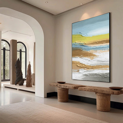 Coastal Drift hand-painted sand, gold and yellow textured coastal landscape painting shown with wood frame