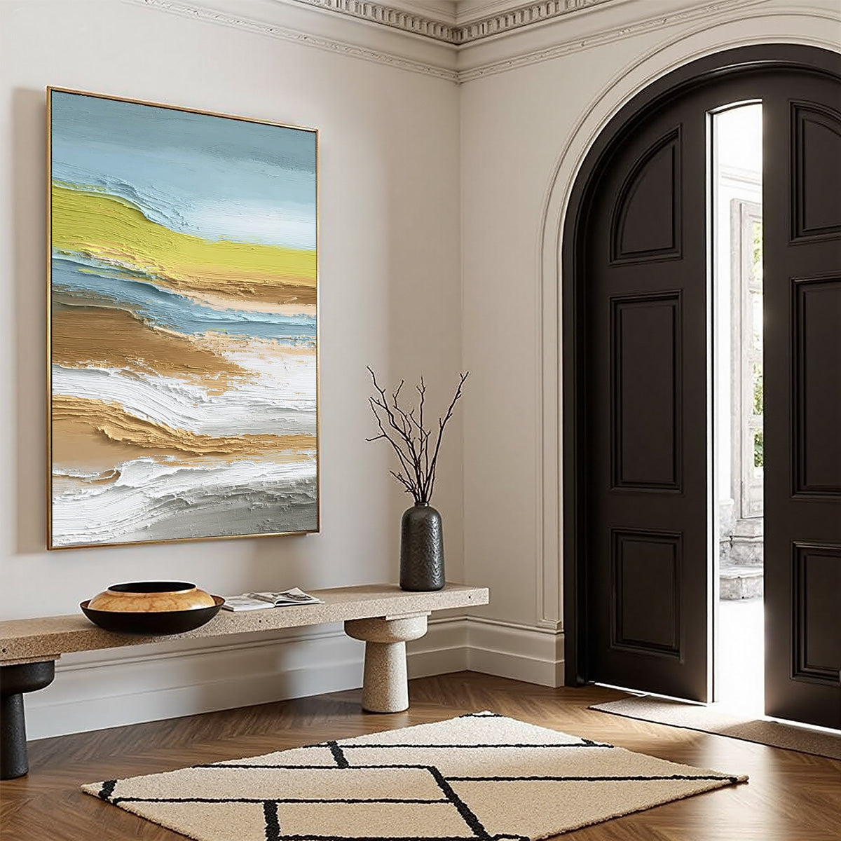 Coastal Drift hand-painted sand, gold and yellow textured coastal landscape painting rolled canvas option