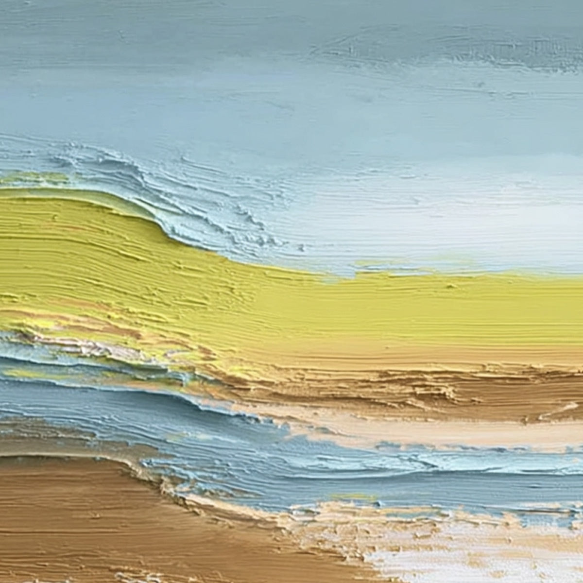 Coastal Drift hand-painted sand, gold and yellow textured coastal landscape painting shown with gold frame