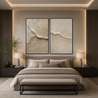 Coastal Drift hand-painted beige and sand textured ocean wave painting shown with silver frame