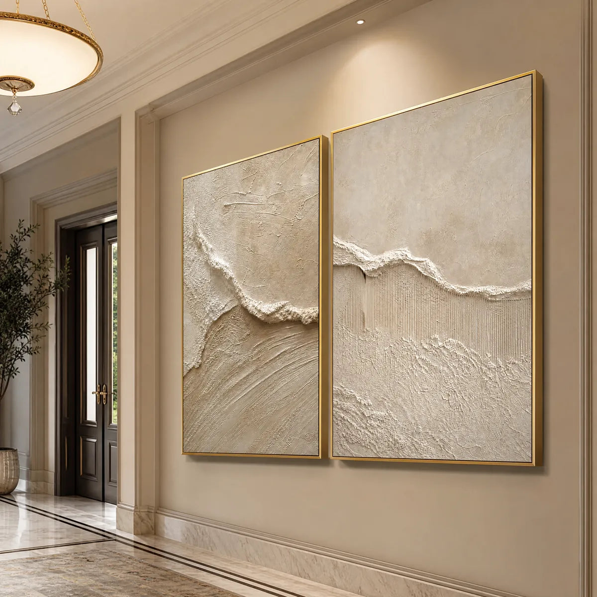 Coastal Drift hand-painted beige and sand textured ocean wave painting shown with white frame