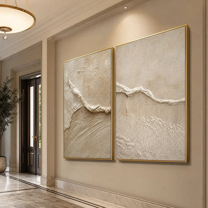 Coastal Drift hand-painted beige and sand textured ocean wave painting shown with white frame