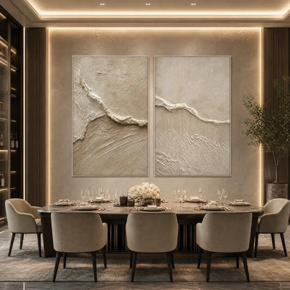 Coastal Drift hand-painted beige and sand textured ocean wave painting shown with black frame
