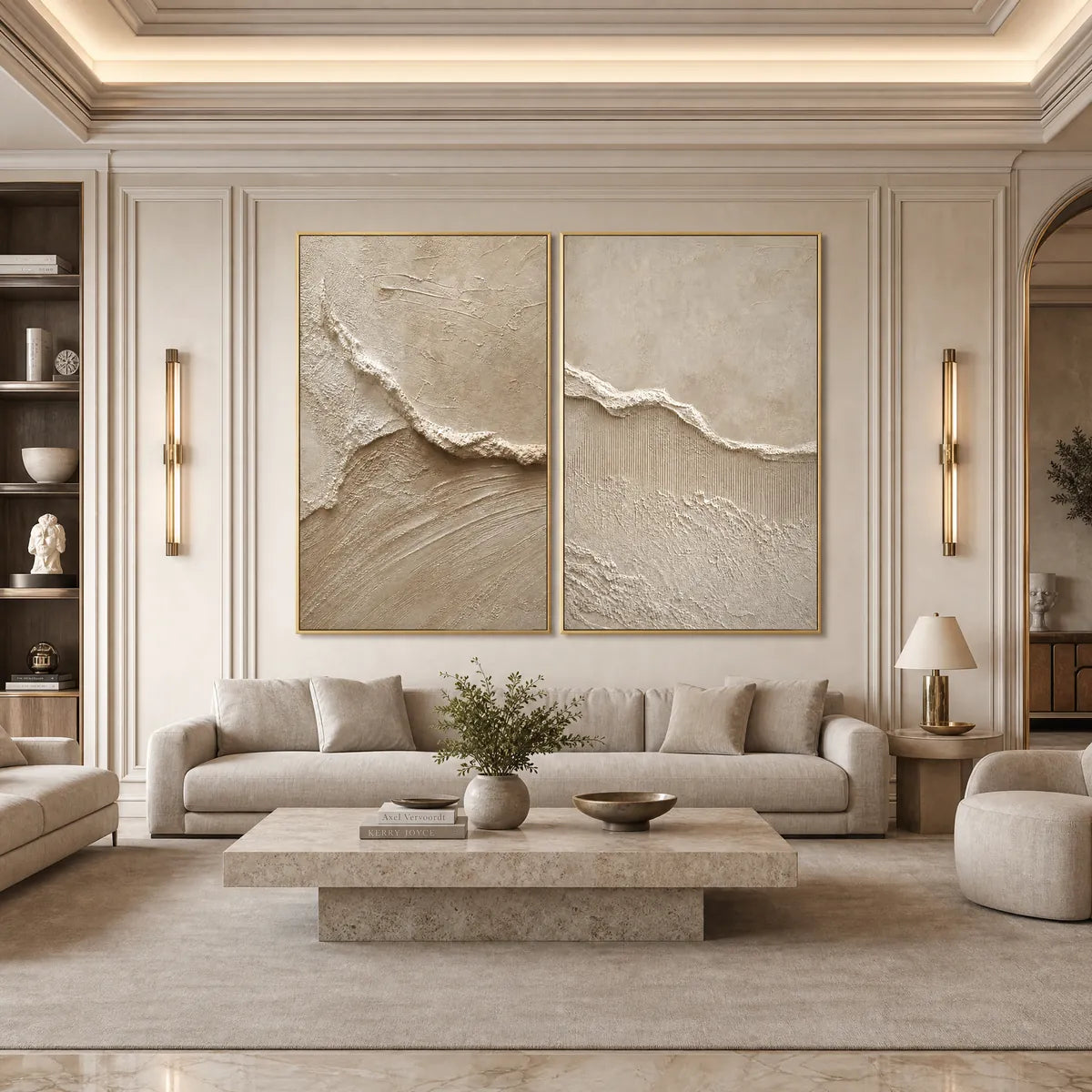 Coastal Drift hand-painted beige and sand textured ocean wave painting shown with wood frame