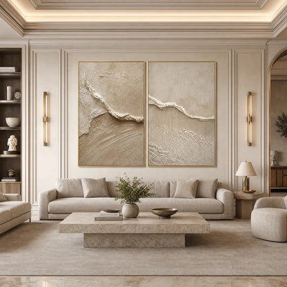 Coastal Drift hand-painted beige and sand textured ocean wave painting shown with wood frame