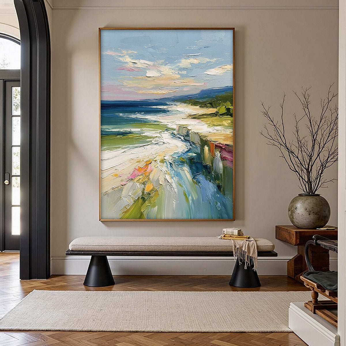 Coastal Embrace hand-painted ocean blue, ivory and soft neutral tones textured seascape painting shown with silver frame
