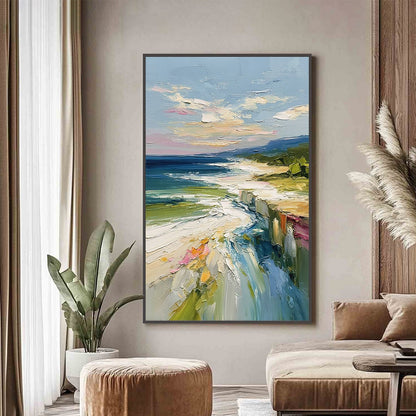 Coastal Embrace hand-painted ocean blue, ivory and soft neutral tones textured seascape painting shown as stretched canvas