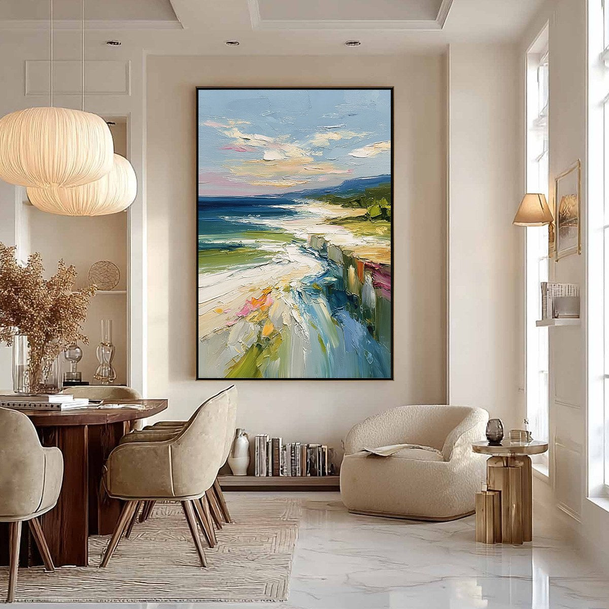 Coastal Embrace hand-painted ocean blue, ivory and soft neutral tones textured seascape painting shown with black frame
