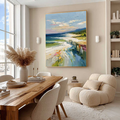 Coastal Embrace hand-painted ocean blue, ivory and soft neutral tones textured seascape painting shown with wood frame