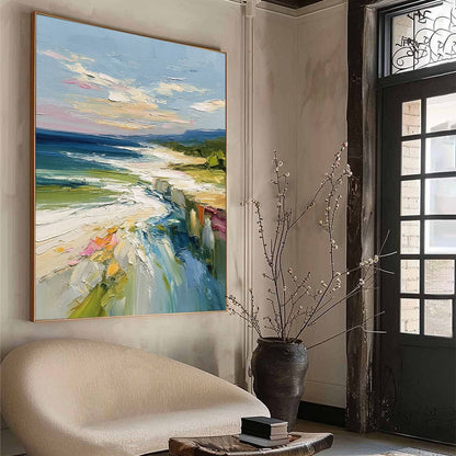 Coastal Embrace hand-painted ocean blue, ivory and soft neutral tones textured seascape painting rolled canvas option