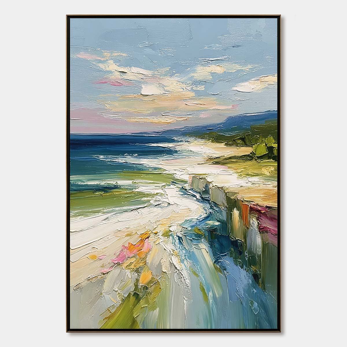 Coastal Embrace hand-painted ocean blue, ivory and soft neutral tones textured seascape painting rolled canvas option