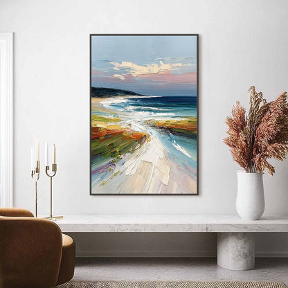 Coastal Embrace hand-painted ocean blue and ivory textured seascape painting shown as stretched canvas