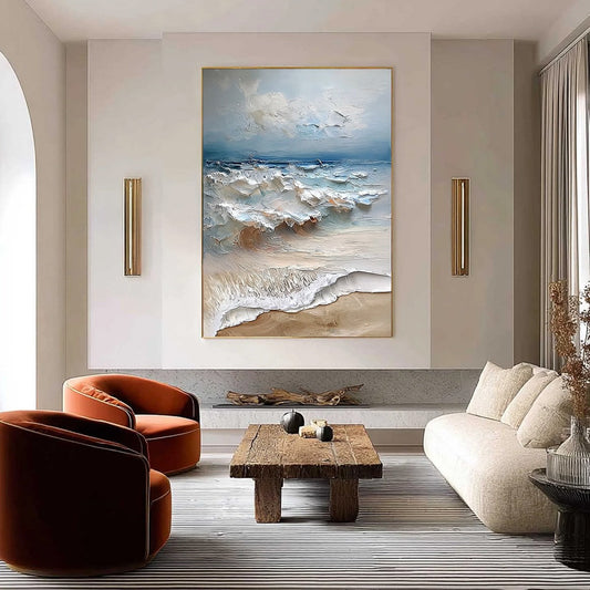 Coastal Embrace hand-painted sand and ivory textured seascape painting shown as stretched canvas